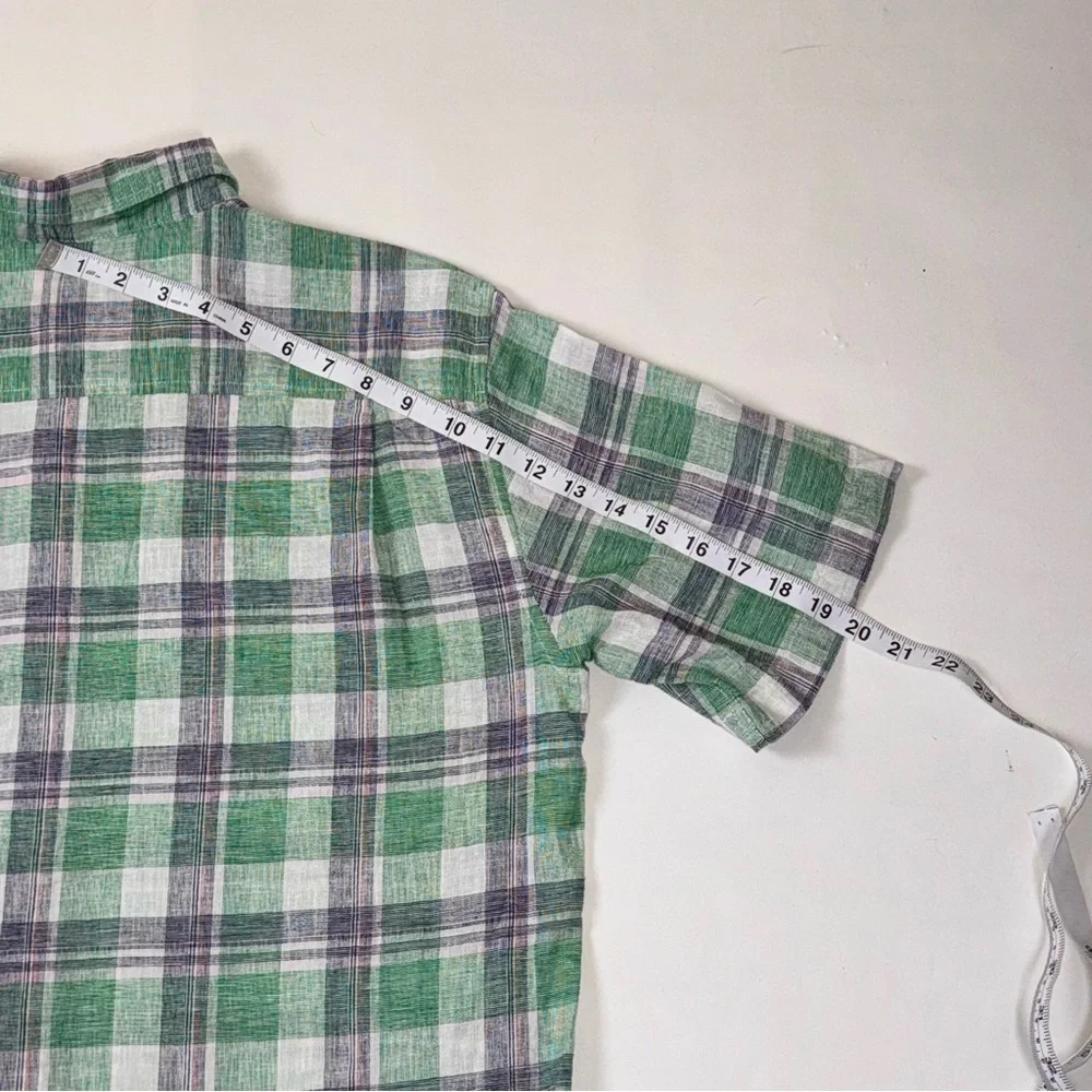 Weatherproof Vintage Men’s Large Linen Green & White Plaid Short Sleeve Shirt - Picture 8 of 10